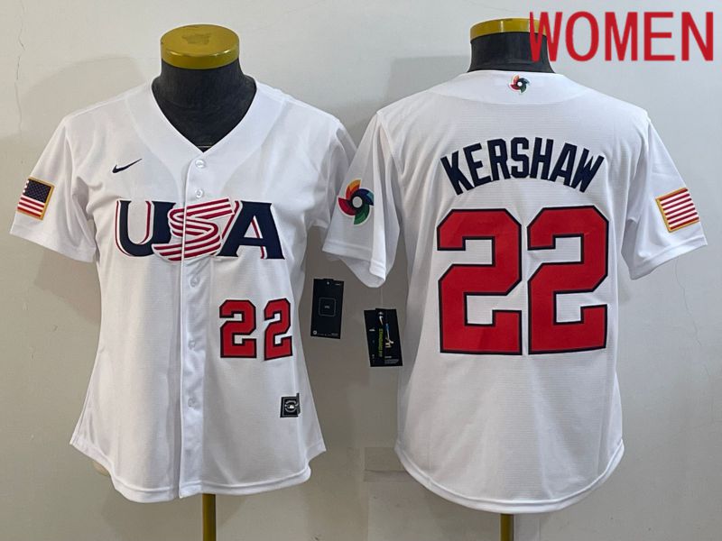 Women 2023 World Cub USA #22 Kershaw White Nike MLB Jersey9->women mlb jersey->Women Jersey